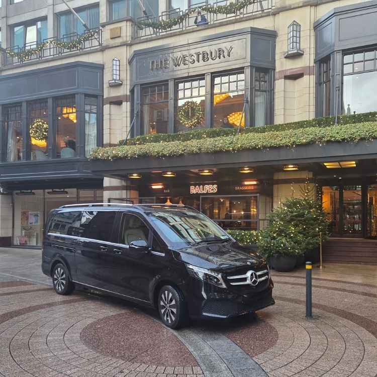 Luxury Mercedes Benz V250 providing chauffeur service outside a Dublin venue.