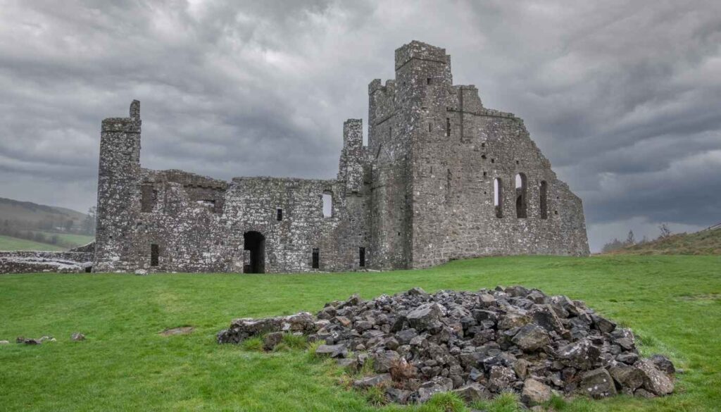 Historic ruins of Fore Abbey in County Westmeath surrounded by Irish countryside